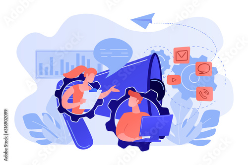 Pr managers communicate and huge megaphone. Public relations and affairs, communication, pr agency and jobs concept on white background. Pink coral blue vector isolated illustration