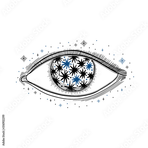 Evil Seeing eye symbol. Occult mystic emblem, graphic design tattoo. Esoteric sign alchemy, decorative style, providence sight.