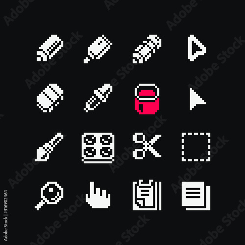 1 bit toolbar icons set, pencil, pen, selection, brush, magnifier, click, palette, list, layers and scissors Design for logo game, sticker, web, mobile app. Isolated vector illustration.