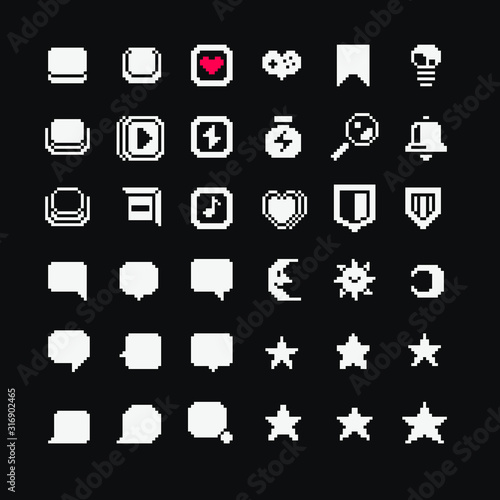 1-bit  symbols icons set. Design for mobile app, logo game, sticker, web,  badges and patches. Buttons, magnifier, bell, speech bubble, star, moon and sun. Isolated vector illustration. 1 bit sprite.