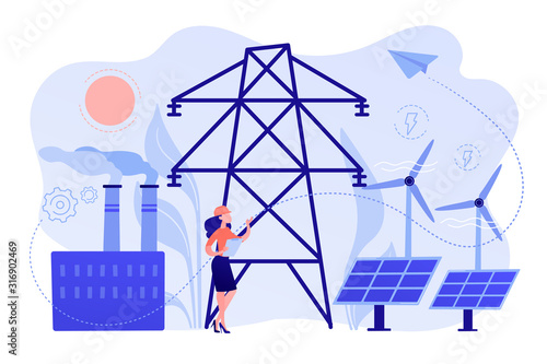 Engineer choosing power station with solar panels and wind turbines. Alternative energy, green energy technologies, eco-friendly energetics concept. Pinkish coral bluevector isolated illustration