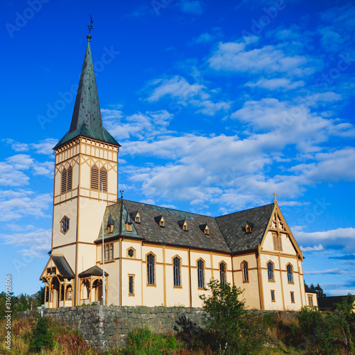 Lofoten Cathedral built in 1898 year, Lutheran parish church, Norway, Lofoten Islands, sunny summer day