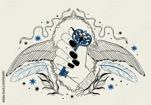 Hand holding a key with wings.Occult mystic emblem, graphic design tattoo. Esoteric sign alchemy, decorative style.