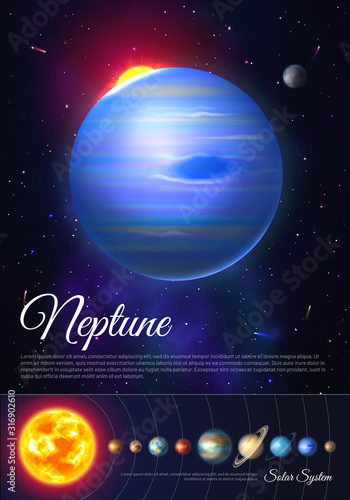 Fototapeta Naklejka Na Ścianę i Meble -  Neptune ice giant planet colorful poster with solar system. Galaxy discovery and exploration. Realistic planetary system in deep space vector illustration. Astronomy and astrophysics science flyer.