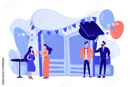 Tiny people high school students in dresses and suits chatting at promenade dance. Prom party, prom night invitation, promenade school dance concept. Pinkish coral bluevector isolated illustration