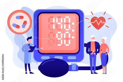 Doctor, elderly couple at tonometer hight blood pressure, tiny people. High blood pressure, hypertension disease, blood pressure control concept. Pinkish coral bluevector isolated illustration