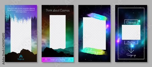 Cosmic blog post design with swipe up. Mystic colorful deep space background with frame for text. Night sky with mountains silhouette vector illustration. UI UX design set for mobile application.
