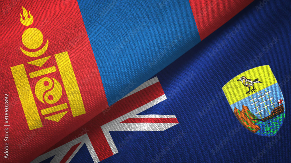 Fototapeta premium Mongolia and Saint Helena two flags textile cloth, fabric texture