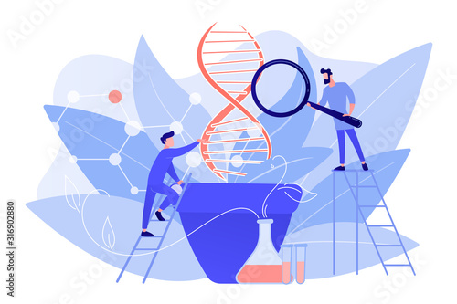 Scientists with magnifier looking at huge DNA in the pot. Genetically modified plants, GM crops and biotech crops concept on white background. Pinkish coral bluevector isolated illustration