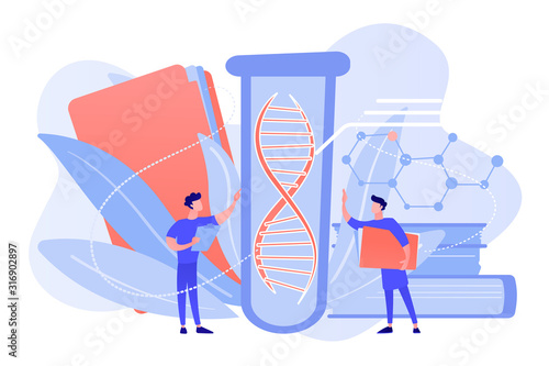 Scientists with folder and clipboard working with huge DNA in test tube. Genetic testing, DNA testing, genetic diagnosis concept on white background. Pinkish coral bluevector isolated illustration