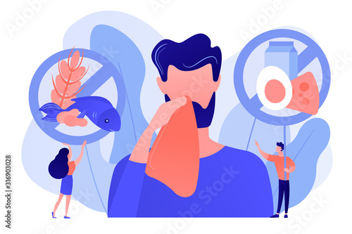 Man having food allergy symptoms to products like fish, milk and eggs. Food allergy, food alergen ingredient, allergy risk factor concept. Pinkish coral bluevector vector isolated illustration