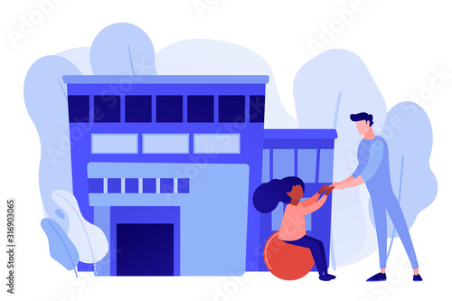 Physiotherapist and child gets treatment. Childrens rehabilitation centre, kids rehabilitation service, coordination and educational support concept. Pinkish coral bluevector vector isolated