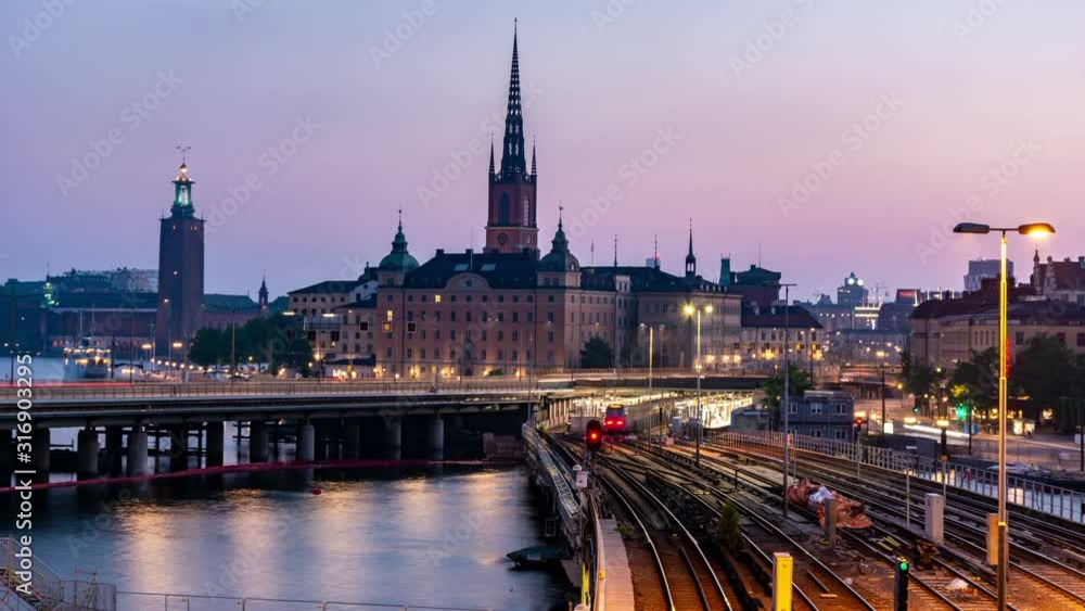 Stockholm city skyline at dusk. Time lapse video.