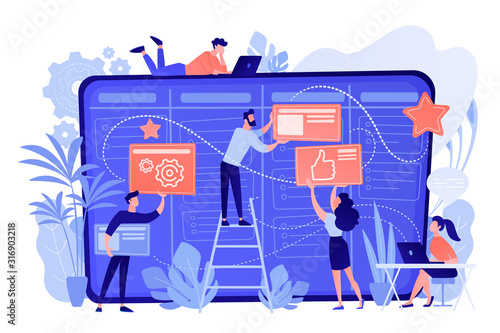 Team members moving cards on large kanban board. Teamwork, communication, interaction, business process, agile project management concept, pinkish coral blue palette. Vector illustration on white photo