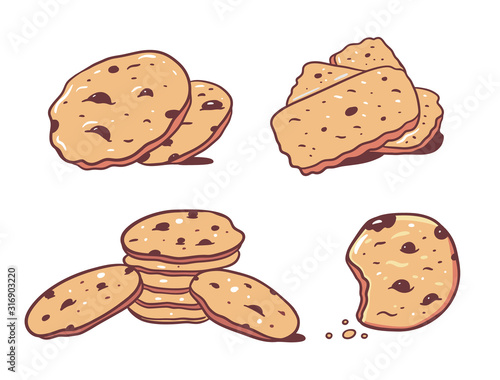 Cookies with chocolate set. Hand draw vector illustration. Cartoon style.
