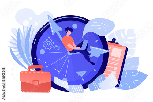 A freelance developer sitting on the clock hands with a laptop. Time management, productivity, efficiency, work rate, perfomance concept, pinkish coral blue palette. Vector illustration on white photo