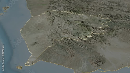 Ta`izz, governorate with its capital, zoomed and extruded on the satellite map of Yemen in the conformal Stereographic projection. Animation 3D photo