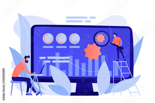CRO analyst and specialist increase customers percentage. Conversion rate optimization, digital marketing system, lead attraction marketing concept. Pinkish coral bluevector isolated illustration