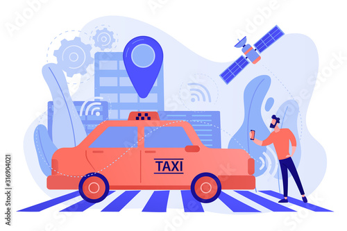 Businessman with smartphone taking driverless taxi with sensors and location pin. Autonomous taxi, self-driving taxi, on-demand car service concept. Pinkish coral bluevector isolated illustration