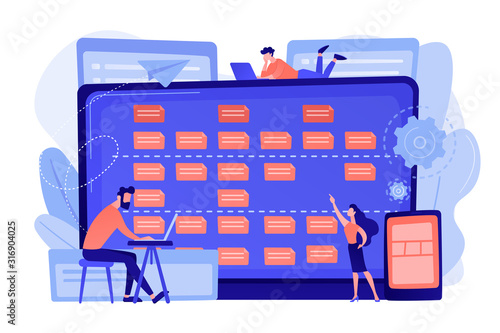 Tiny people developers at laptop and customer requirements. Software requirement description, user case agile tool, business analysis concept. Pinkish coral bluevector isolated illustration