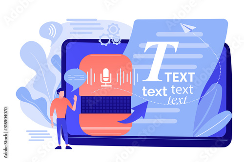 Speech-to-text app, voice recognition application. Convert speech to text, multi-language speech recognizer, voice-to-text software concept. Pinkish coral bluevector isolated illustration