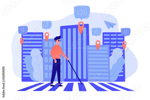 A blind man crossing the street with smart tags and voice notifications around. Barrier-free convenient environment as IoT and smart city concept. Vector illustration on background.