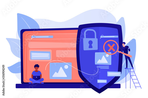 Prohibited, illegal sites, resources. Copyright protection from scamming. Media content control, media use regulations, online media police concept. Pinkish coral bluevector isolated illustration