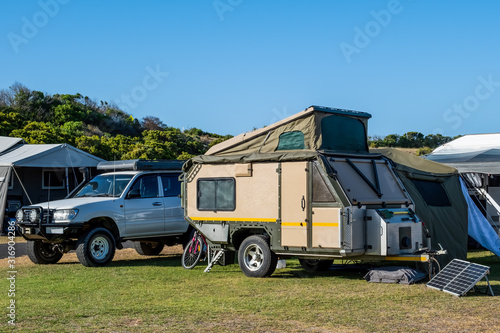 Off road caravan with four wheel drive vehicle in a holiday park, South Australia