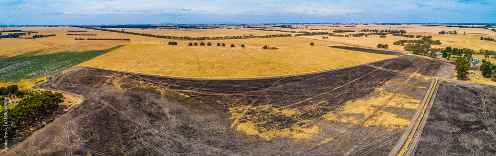 Wide aerial panorama of agricultural land in Australian outback