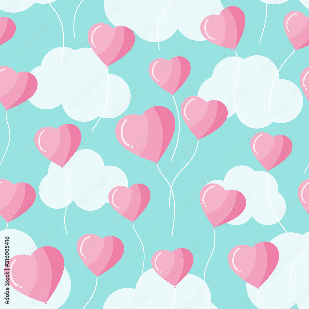 Heart shape balloons and clouds seamless pattern vector valentines theme background, pink and blue pastel color