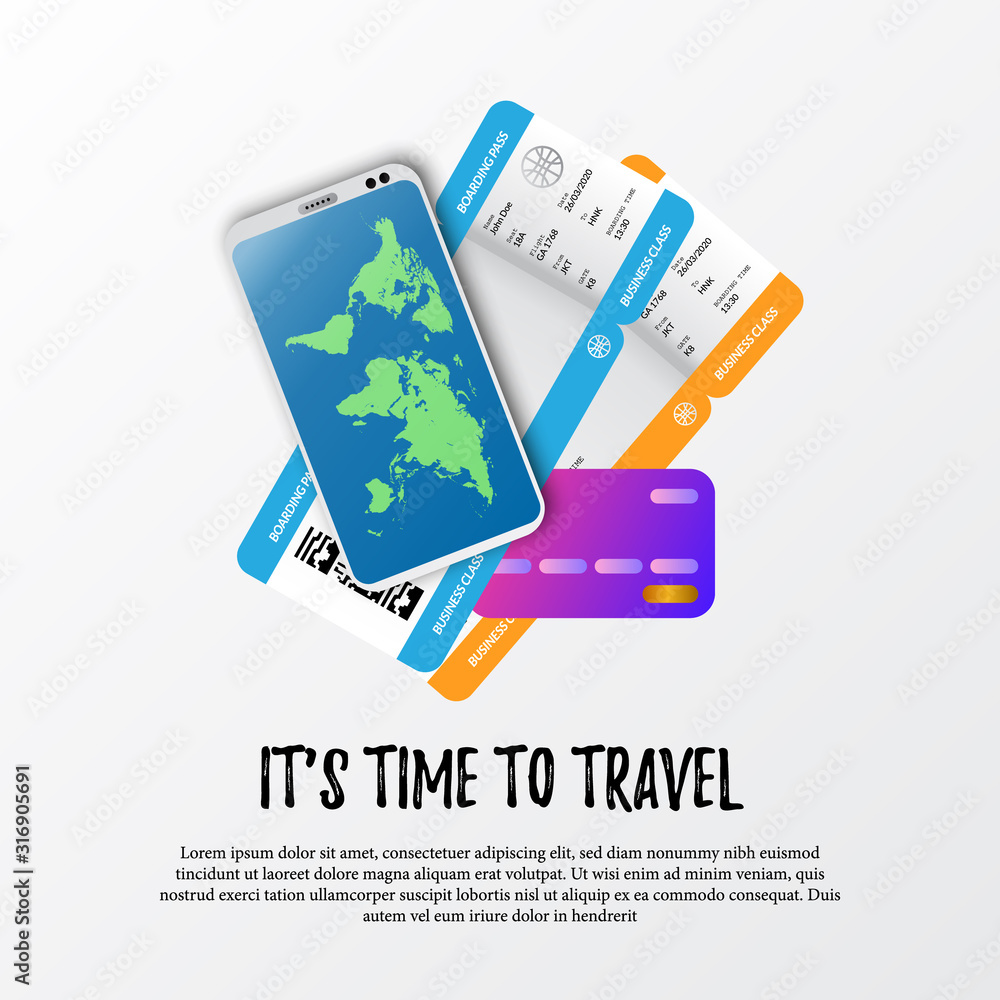 it's time to travel poster banner template. illustration of boarding pass airplane ticket, smatrphone with world map, and credit card for payment