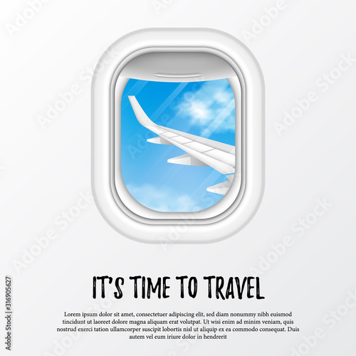 it's time to travel poster banner template. illustration of airplane porthole window with wing and blue sky view.
