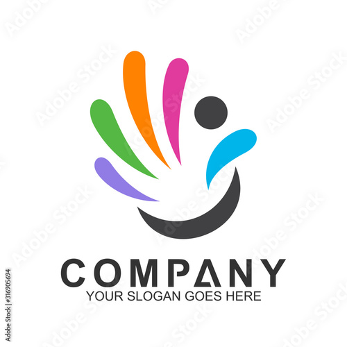 Hand Logo With Colorful Fingers And Kid Shape,Creative Kids Logo, We Care Logo,Children Support,Foundation Community