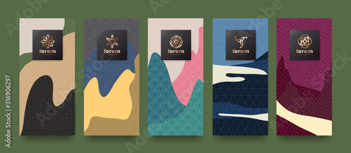 Vector set packaging templates japanese of nature luxury or premium products.logo design with trendy linear style.voucher, flyer, brochure.Menu book cover japan style vector illustration.