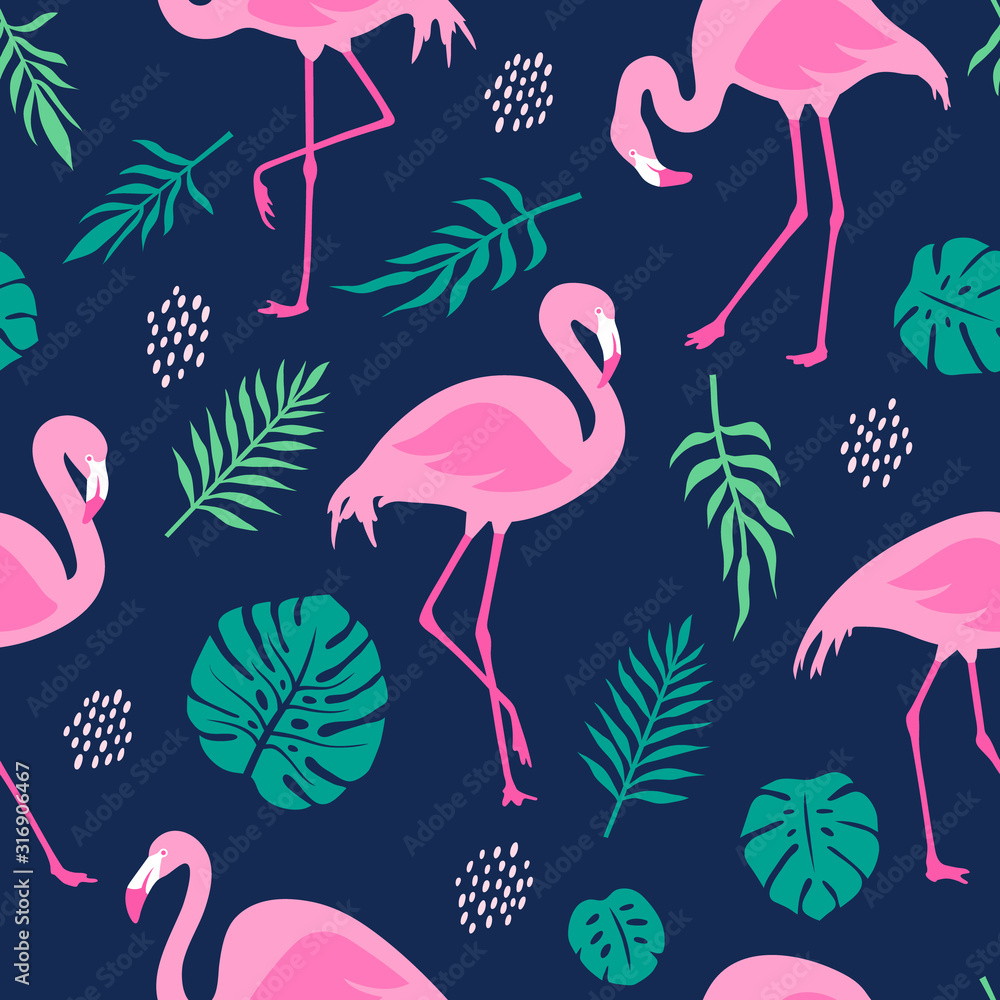 Obraz premium Vector seamless pattern with pink flamingos and tropical palm leaves. Hand Drawn illustration.
