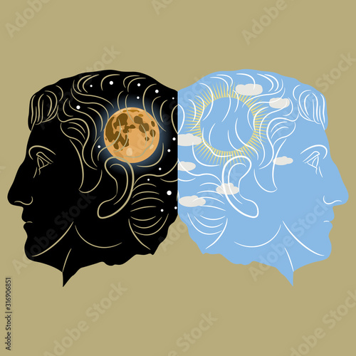 Concept of polarity of human brain and consciousness. Double human profiles with sunny day and starry night with full moon inside. Creative juxtaposition metaphor. Two-faced Janus. Diurnal rhythm.