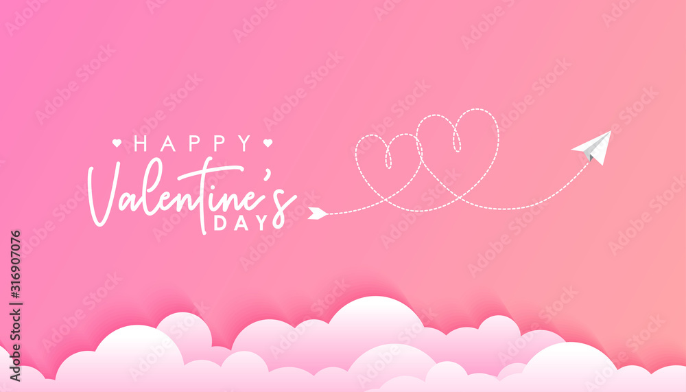 Valentines day concept, continuous line of heart with paper plane. Happy valentines day calligraphy lettering on pink background
