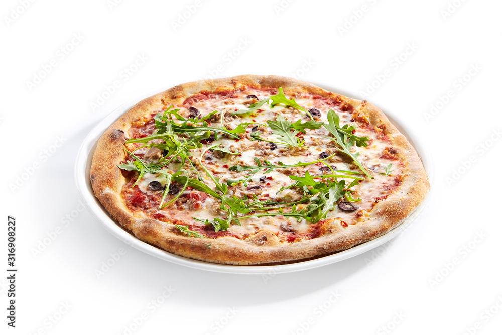 Pizza with Tuna, Olives and Arugula Top View Isolated