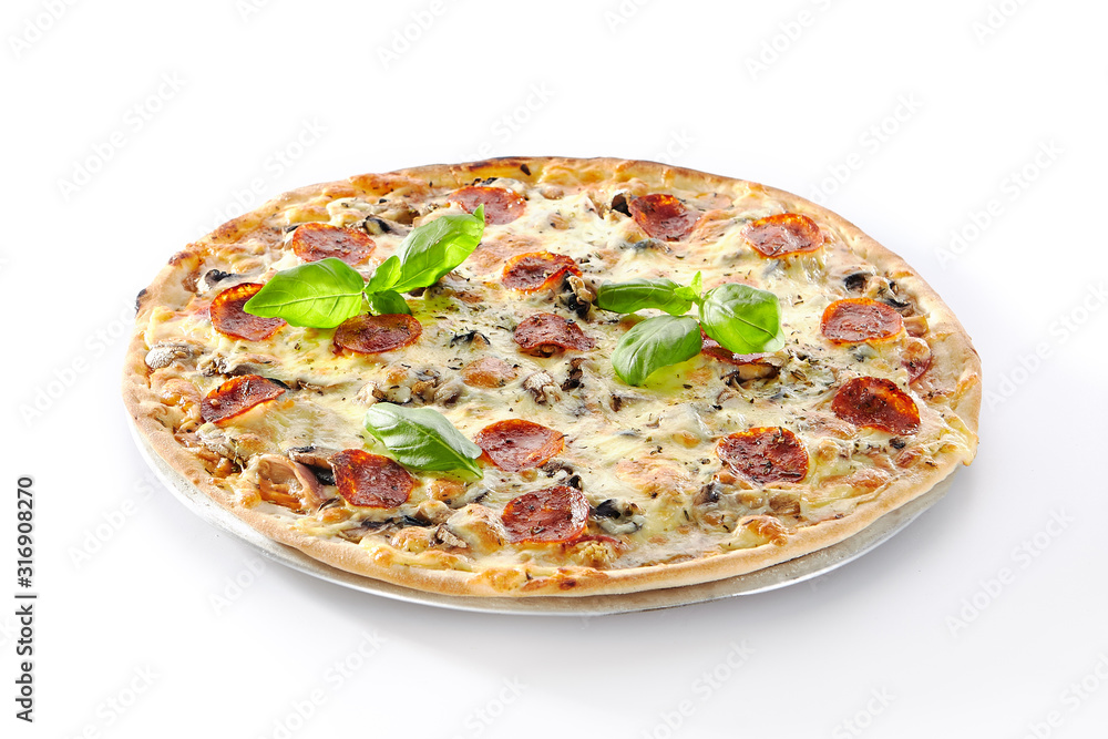 Traditional Italian Pepperoni Pizza with Mushrooms and Salami Isolated