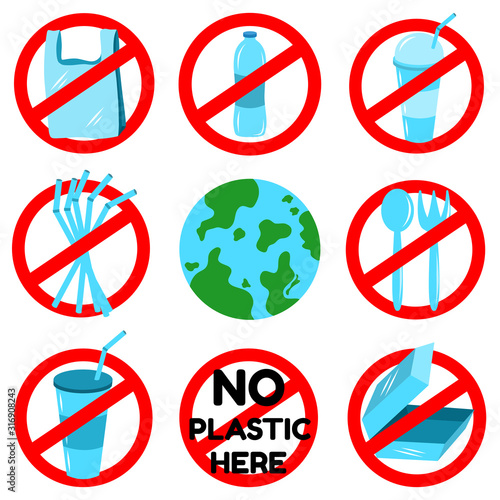 Set Say no to plastic bag, water bottle, cups, straws, spoon and fork in red stop circle, Items collection on white background, flat design, Vector illustration.