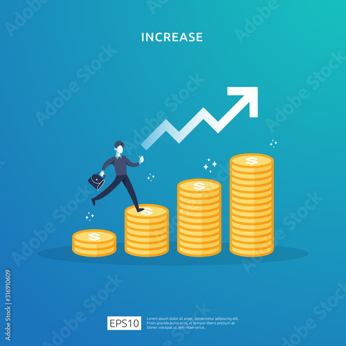 income salary rate increase concept illustration with people character and arrow. business profit growth, sale grow margin revenue with dollar symbol. Finance performance of return on investment ROI