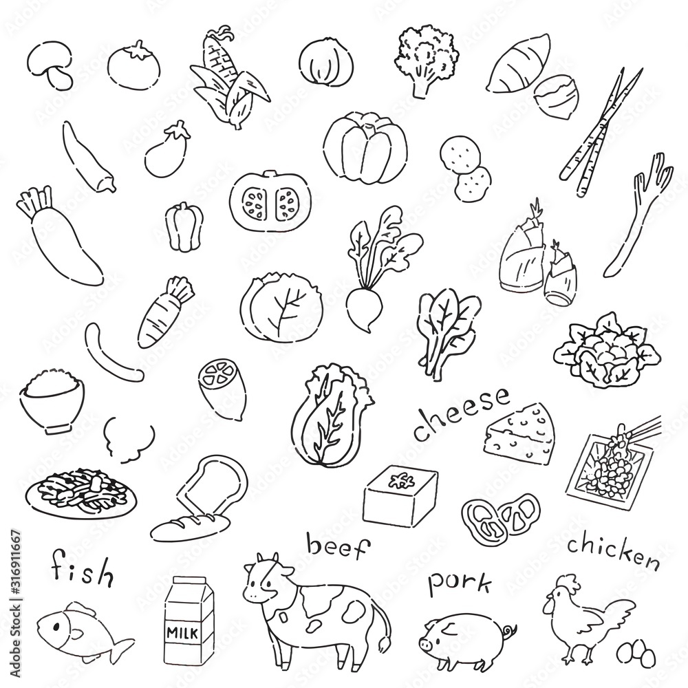 手書き風野菜と肉の可愛いイラスト素材