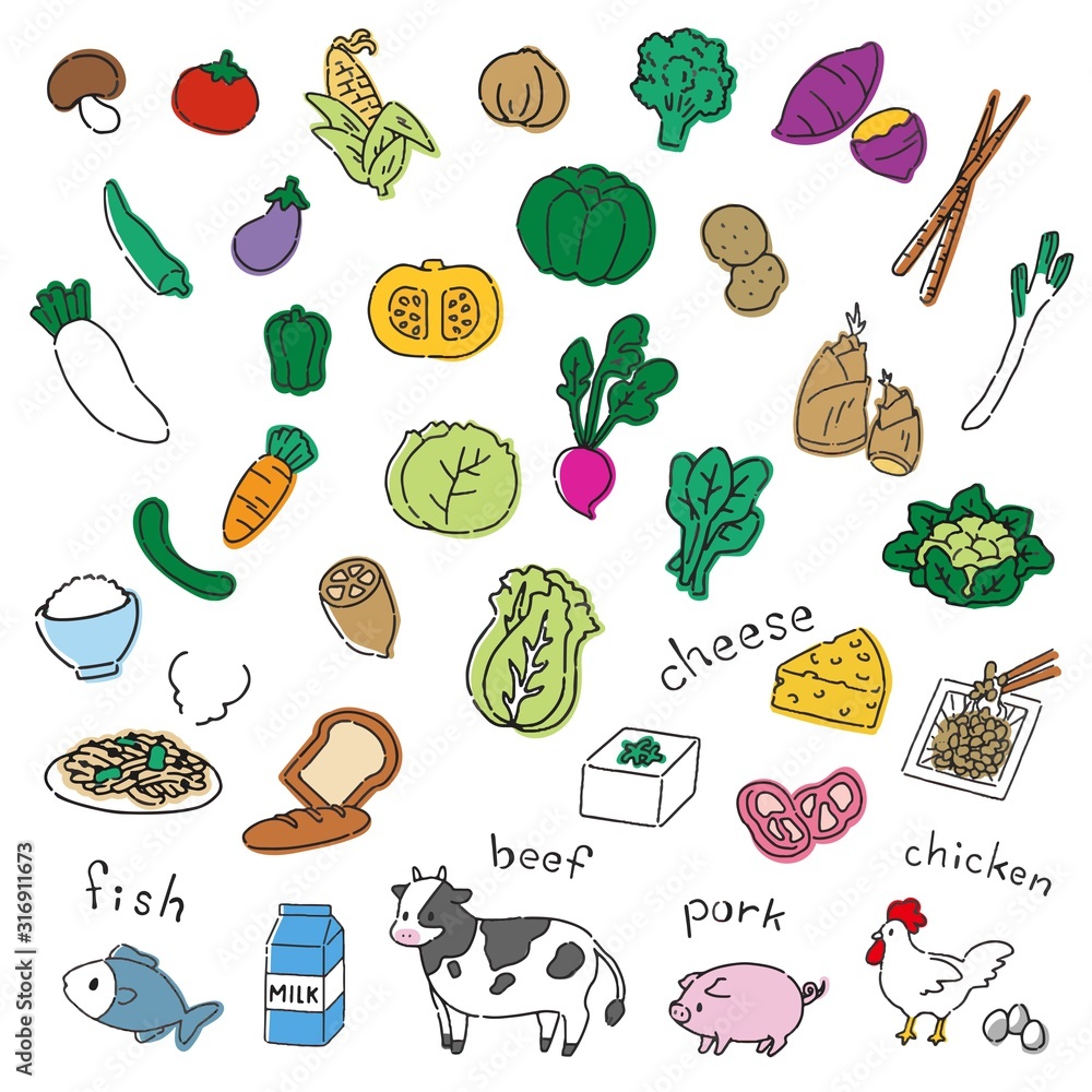 手書き風野菜と肉の可愛いイラスト素材 Stock Vector Adobe Stock