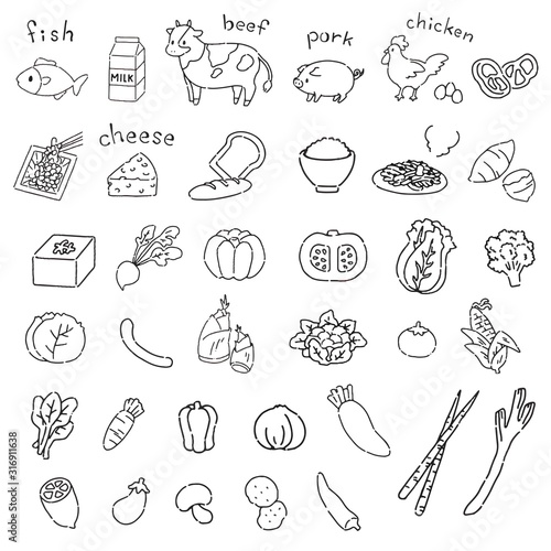 Cute illustration material of hand-drawn vegetables and meat