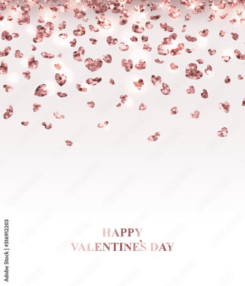 Happy Valentine day background with rose gold glitter heart confetti.