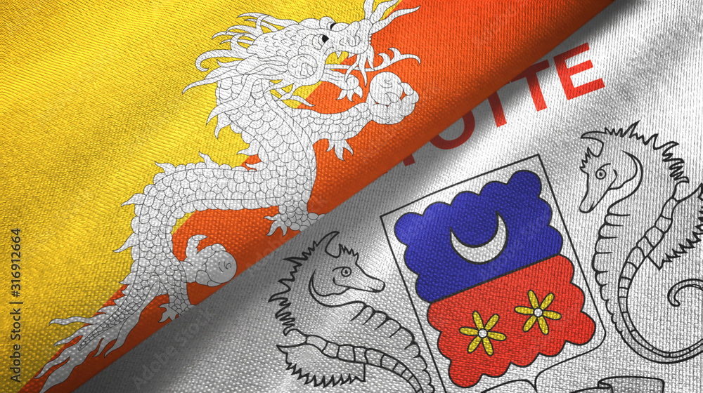 Bhutan and Mayotte two flags textile cloth, fabric texture Bhutan and Mayotte two flags textile cloth, fabric texture