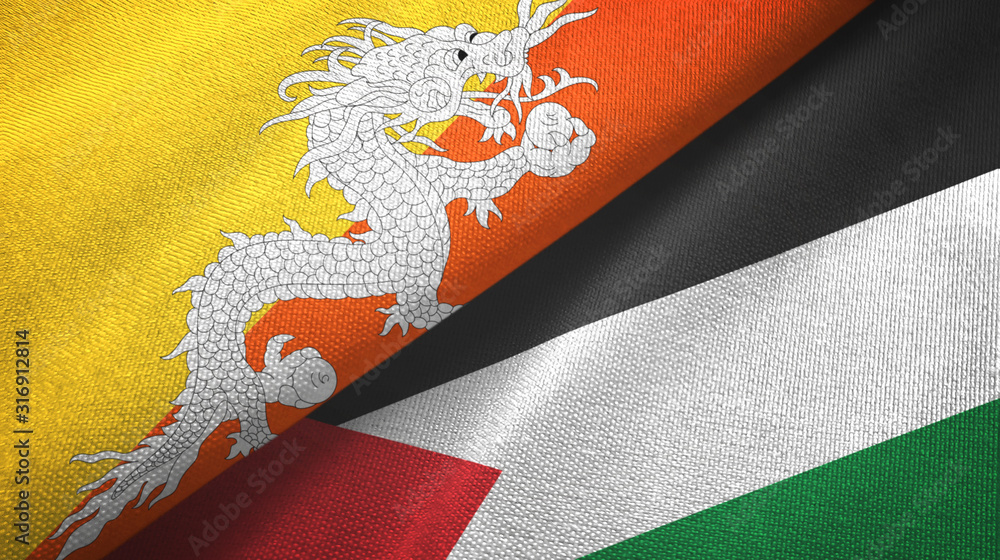 Bhutan and Palestine two flags textile cloth, fabric texture Bhutan and Palestine two flags textile cloth, fabric texture