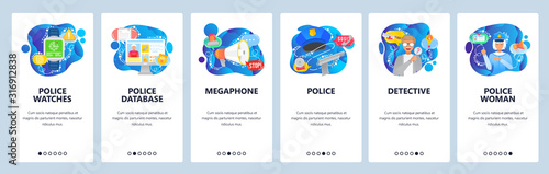 Police investigation, policewoman, police database, detective officer. Mobile app onboarding screens. Menu vector banner template for website and mobile development. Web site design flat illustration