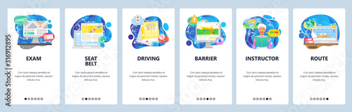 Driving test, studying to get driving license, road rules book. Mobile app onboarding screens. Menu vector banner template for website and mobile development. Web site design flat illustration