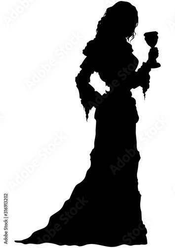 Fantasy medieval woman with a chalice/ Silhouette medieval girl in long dress with a goblet